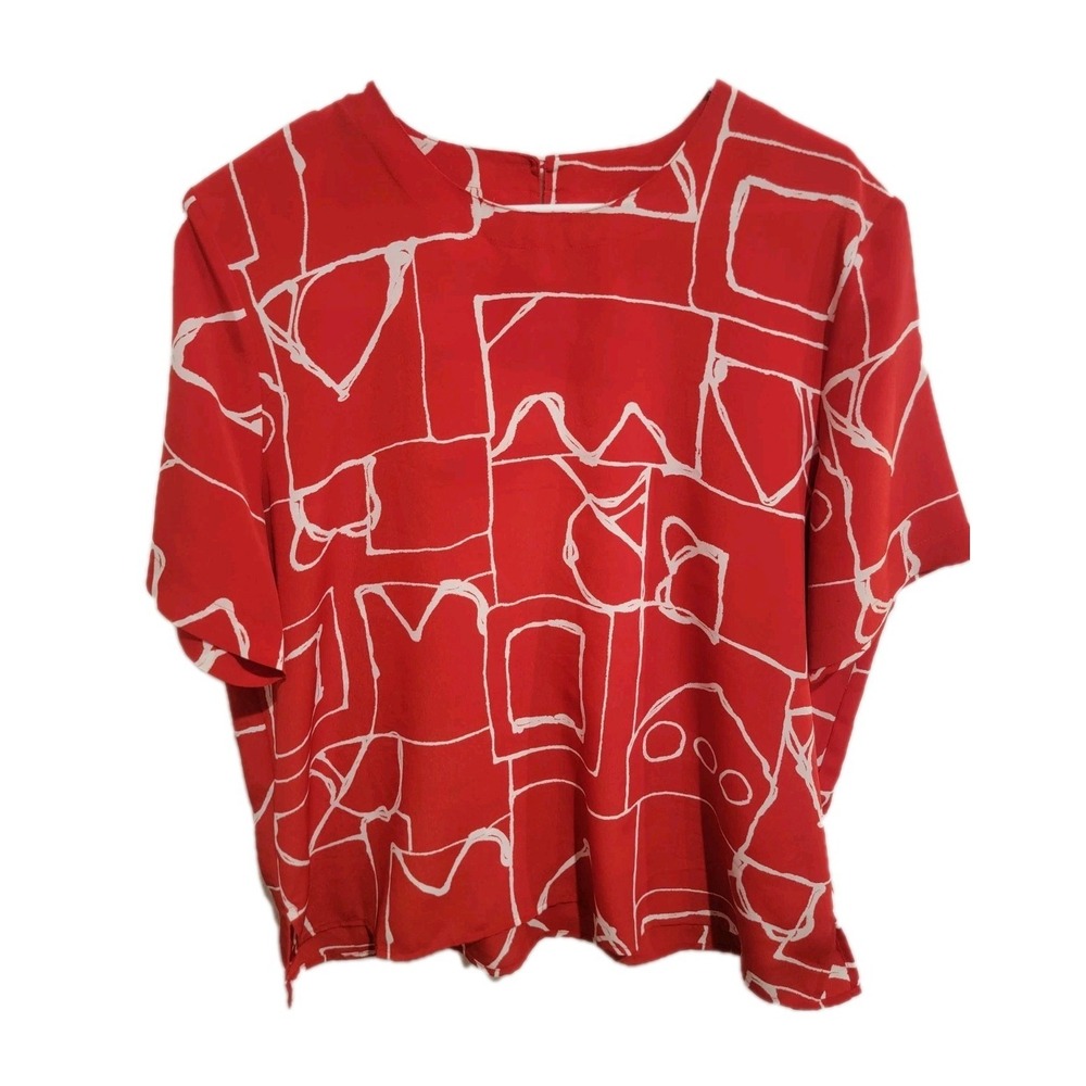 Vintage 90s Cathy Che XL Red White Abstract Geometric Print‎ Blouse Retro Art